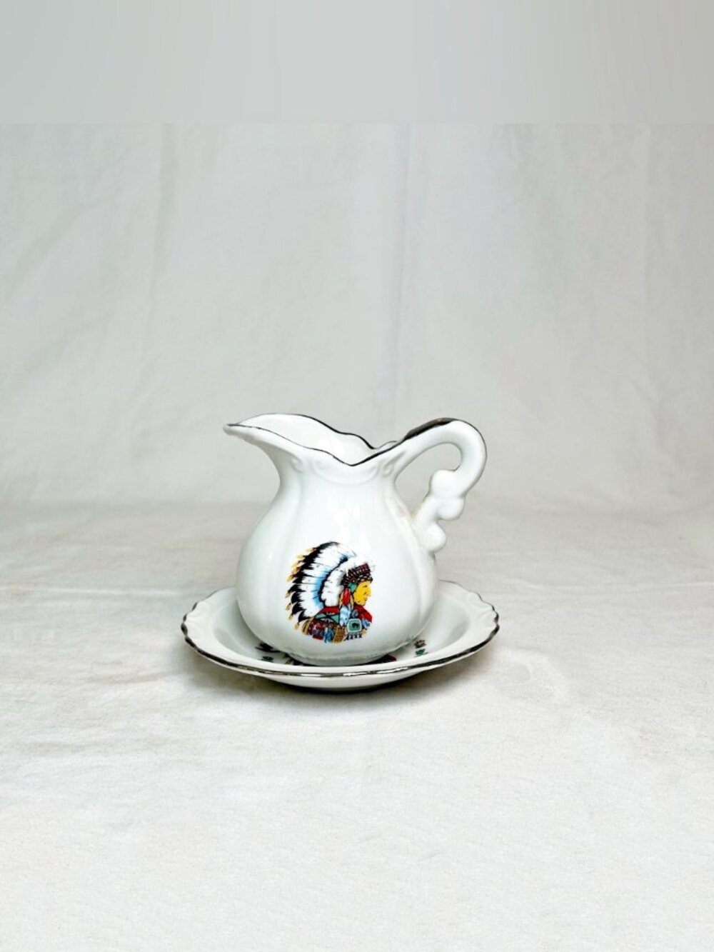 Vintage Fairway Indian Chief Japanese Porcelain Miniature Souvenir Pitcher/Plate